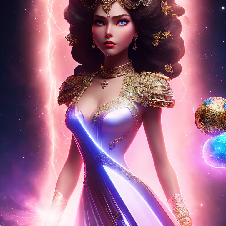 Majestic female fantasy character in golden-purple outfit against cosmic backdrop