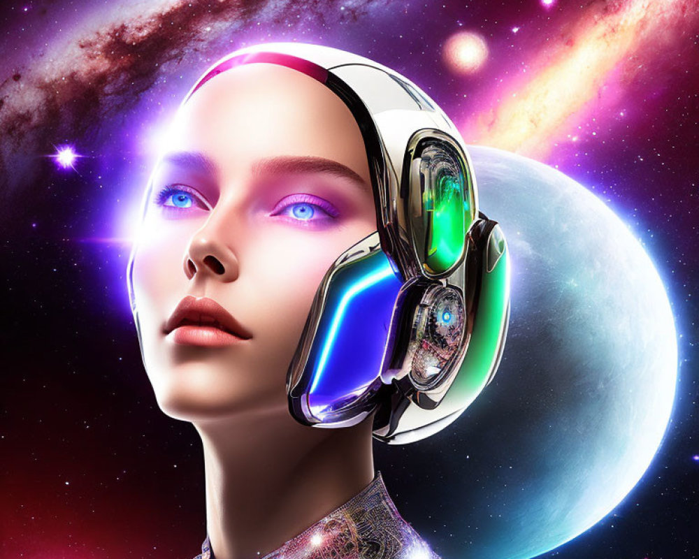 Futuristic female android with blue eyes and headphones in cosmic setting