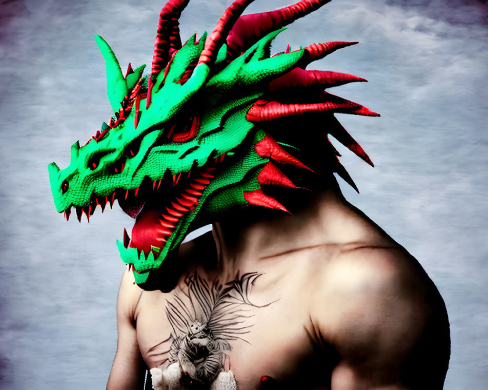 Muscular person in dragon helmet with winged creature chest tattoo