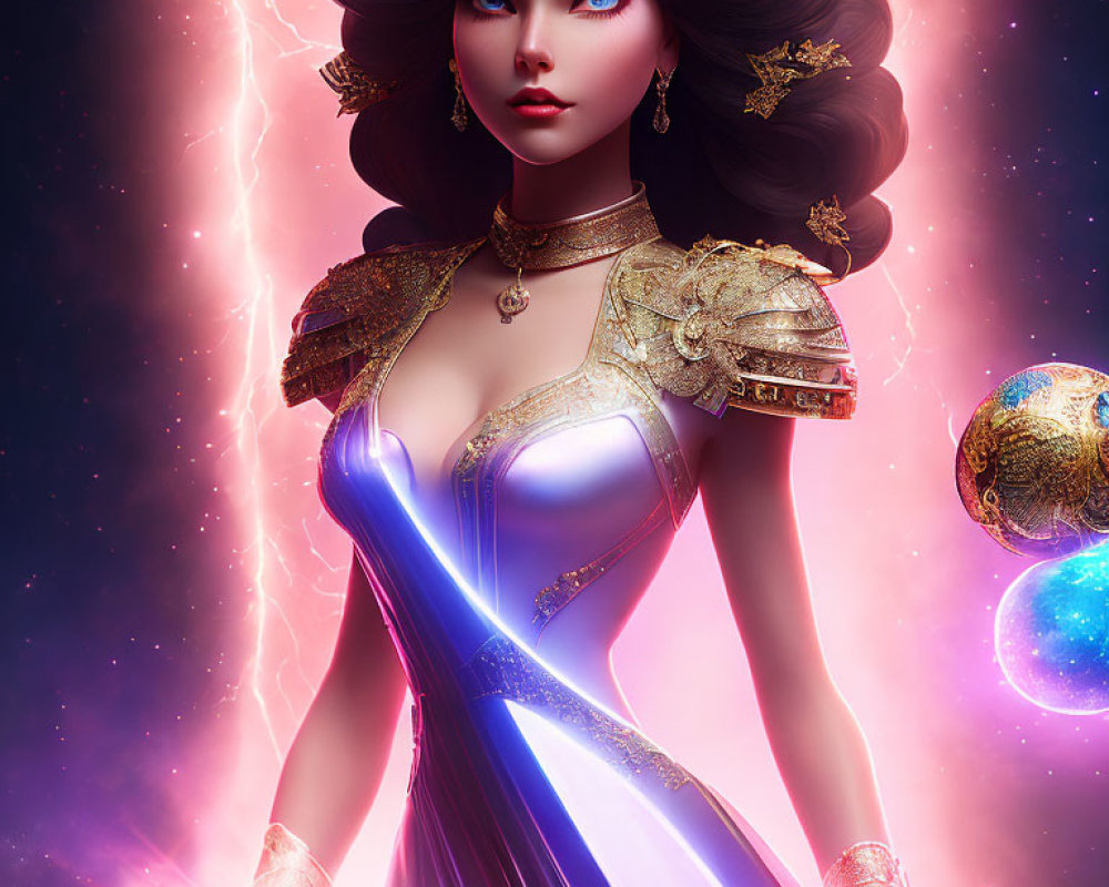 Majestic female fantasy character in golden-purple outfit against cosmic backdrop