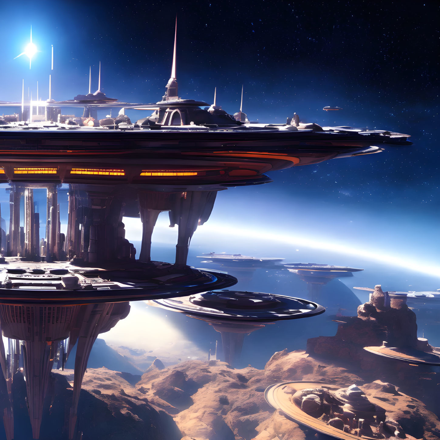 Futuristic cityscape with flying vehicles and towering structures at night