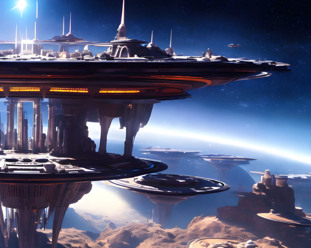 Futuristic cityscape with flying vehicles and towering structures at night