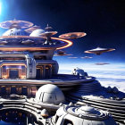 Futuristic cityscape with flying vehicles and towering structures at night