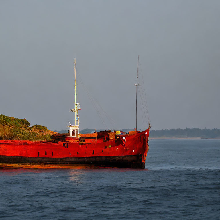 Rusty red shipwreck near lush green shore under hazy blue sky