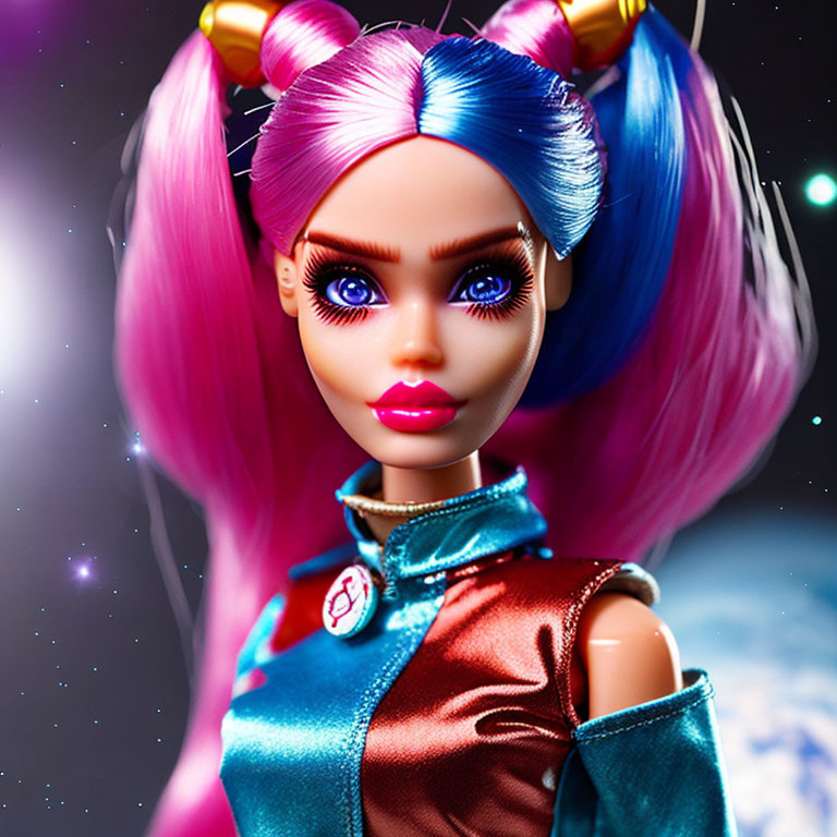 Doll with Vibrant Pink and Blue Hair in Metallic Blue-Red Dress