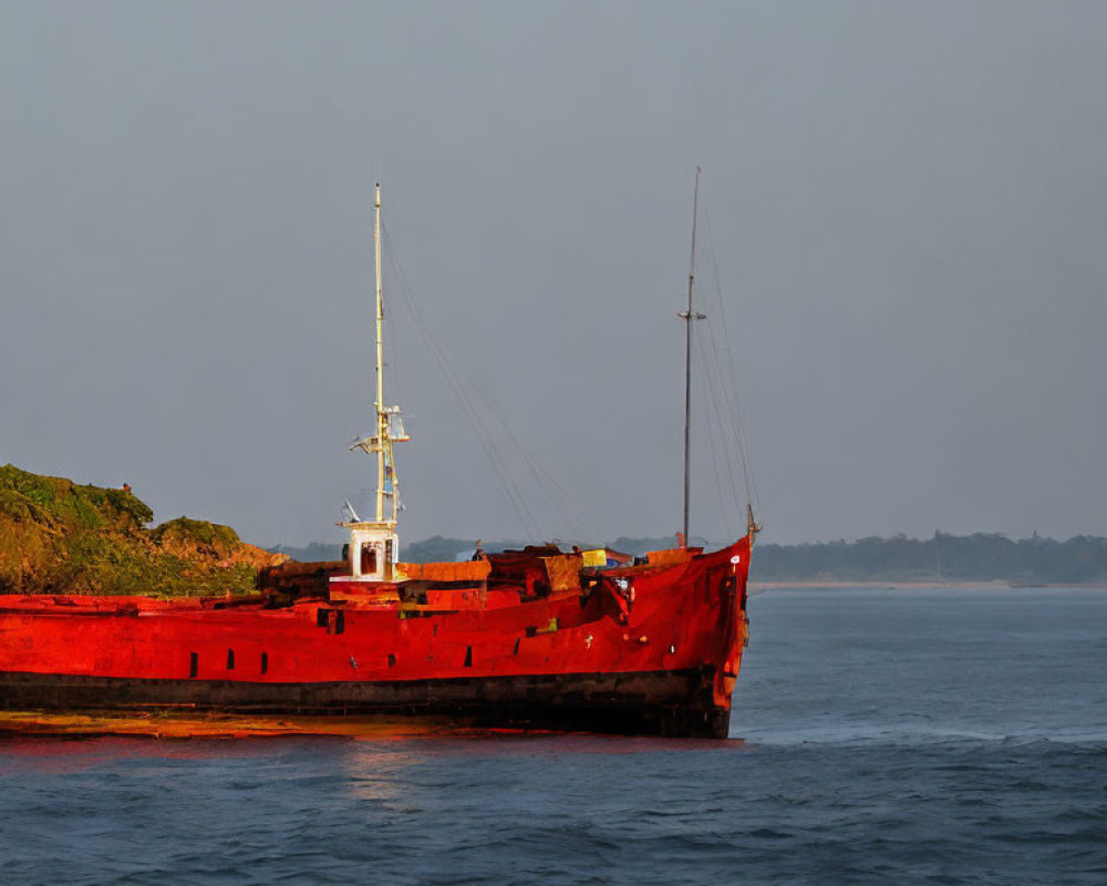 Rusty red shipwreck near lush green shore under hazy blue sky