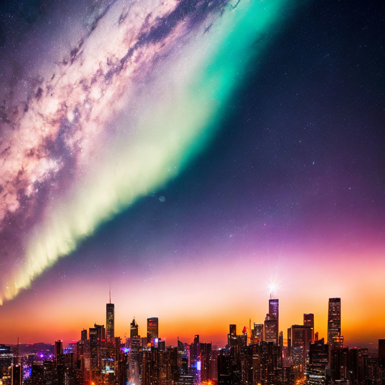 Colorful City Skyline at Dusk with Vibrant Sky Gradient