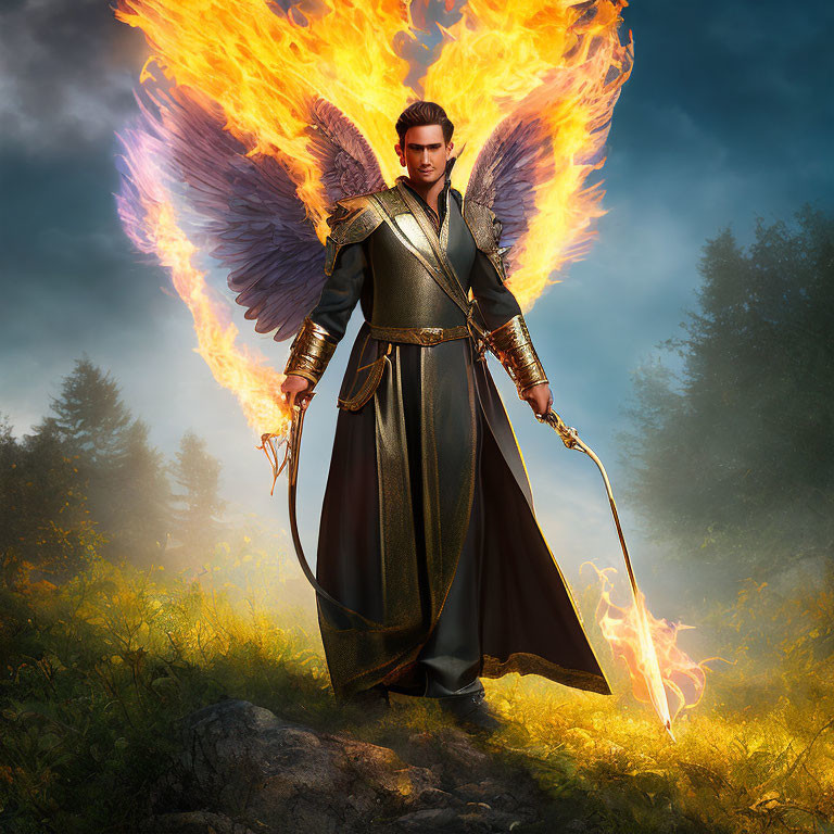 Fiery-winged angel in forest glade with flaming sword and ornate armor