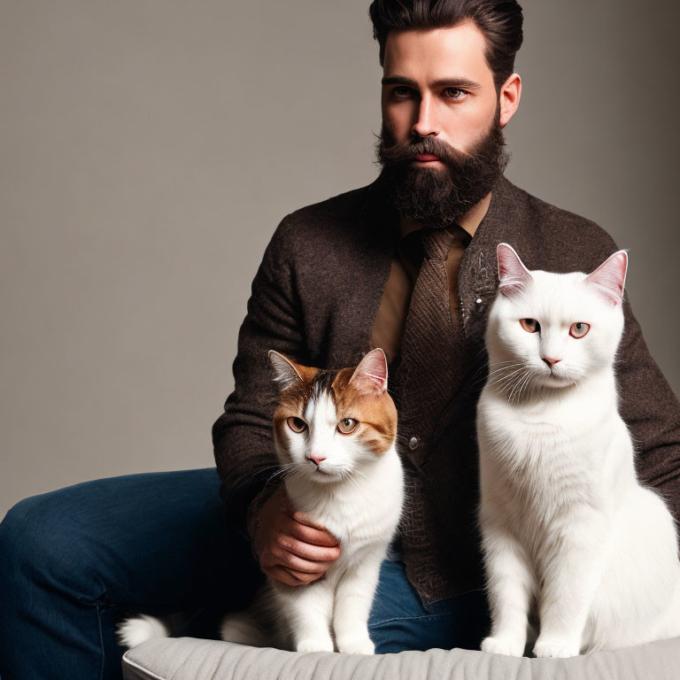 Bearded man with two cats against neutral backdrop