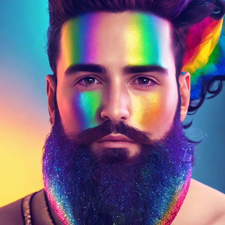 Bearded man with multicolored glitter under rainbow light