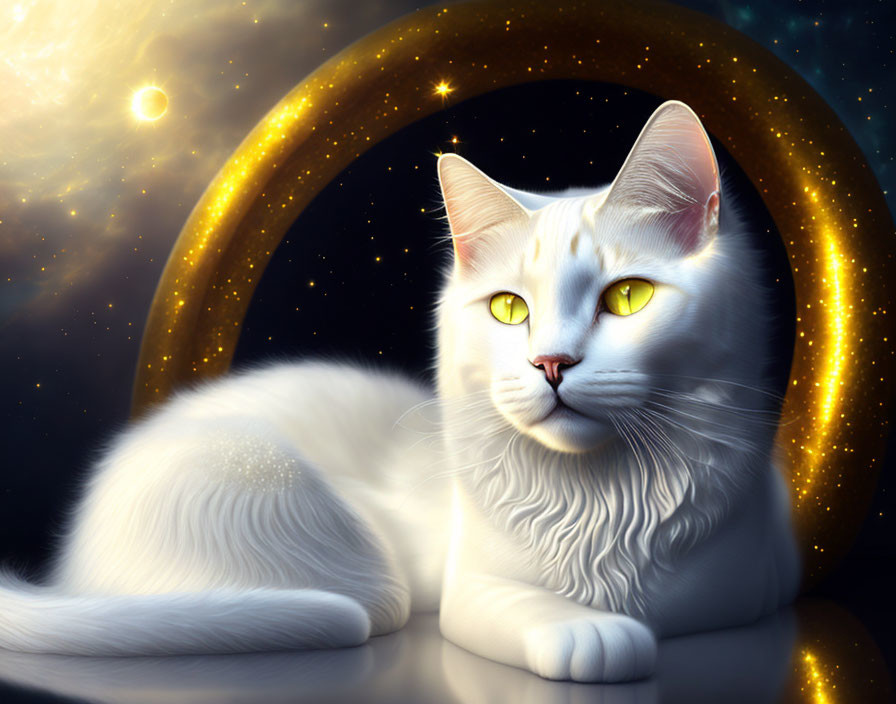 White Cat with Yellow Eyes in Cosmic Setting