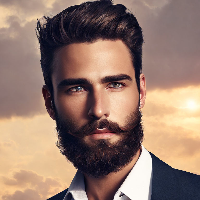 Stylish man with groomed beard and hair against sky background