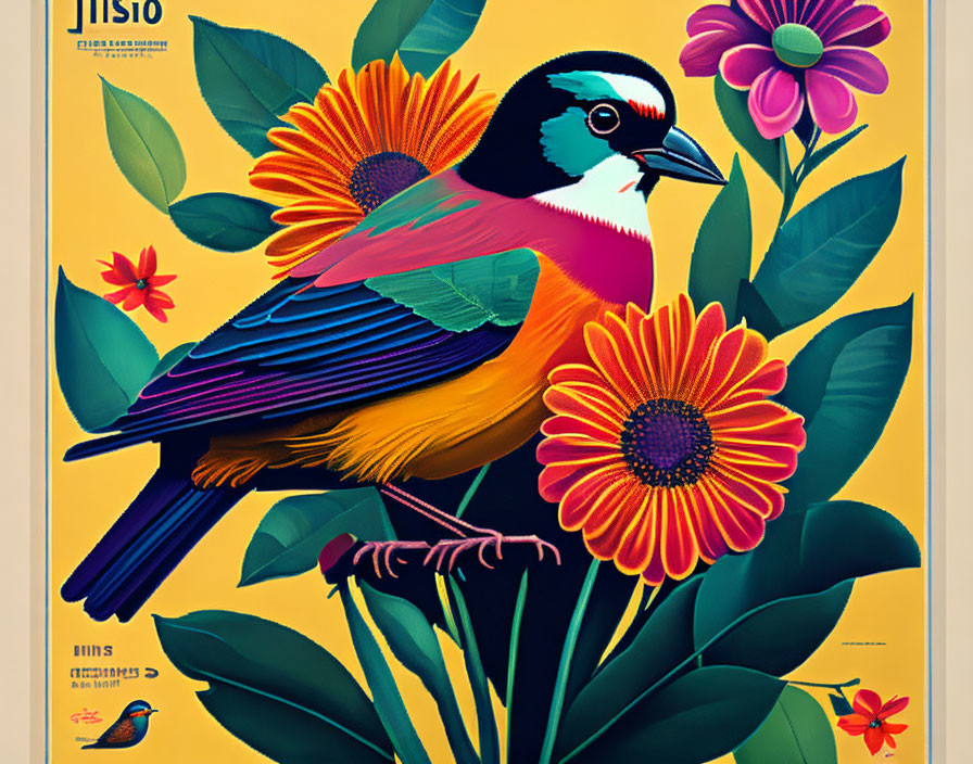 Colorful Bird Perched on Flowers with Retro Decorative Background