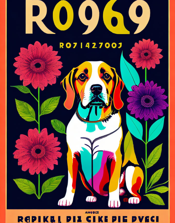 Colorful Stylized Beagle Dog Poster with Red and Purple Flowers