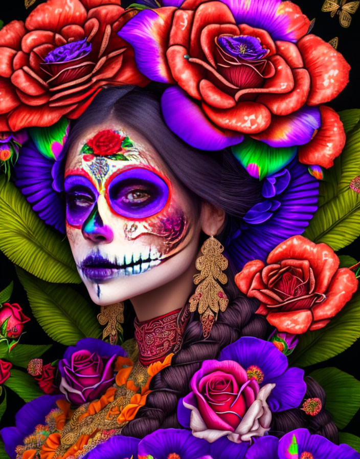 Colorful Day of the Dead makeup with vibrant floral arrangement showcasing festive Mexican skull art