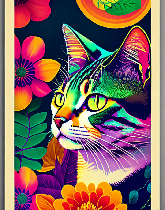 Colorful Psychedelic Cat Artwork with Flowers & Abstract Shapes