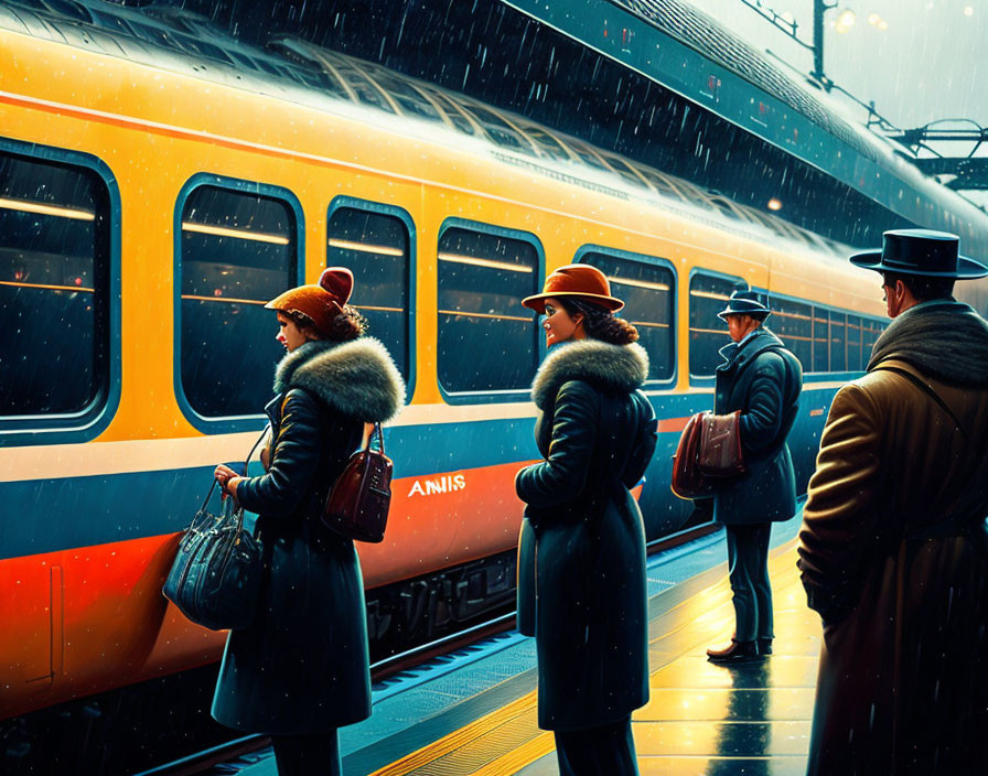 Vintage-attired people on rain-swept platform as yellow-orange "Amiis" train