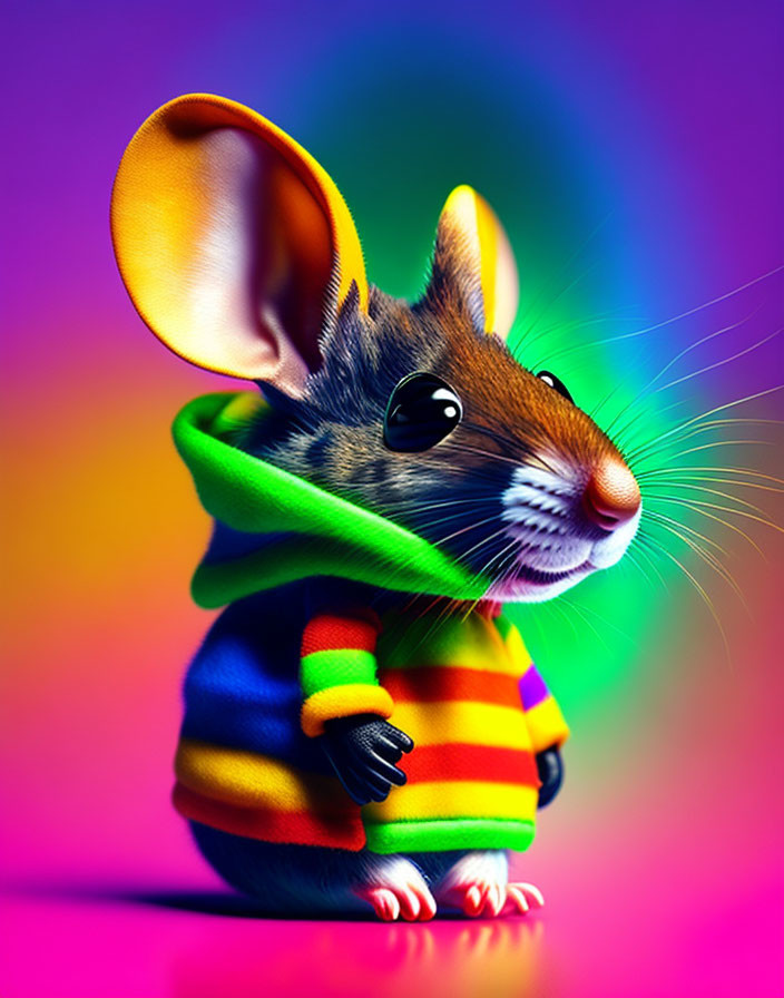 Colorful Stylized Mouse in Striped Hoodie on Gradient Background