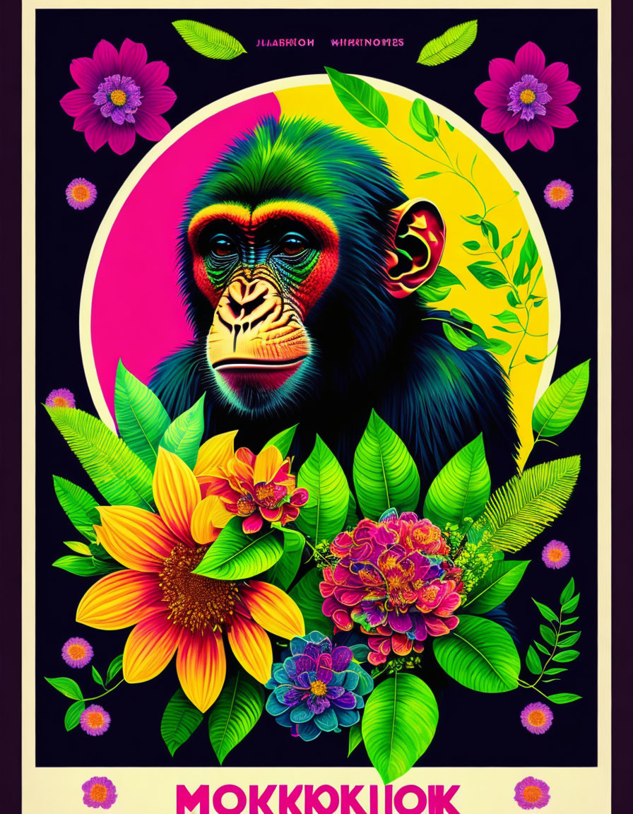 Colorful Monkey Artwork with Psychedelic Floral Patterns on Dark Background