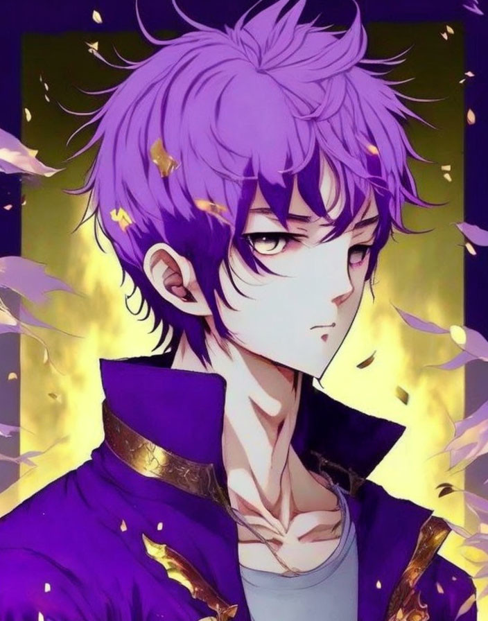 Purple-haired animated character in gold-adorned jacket with golden eyes and shimmering flecks