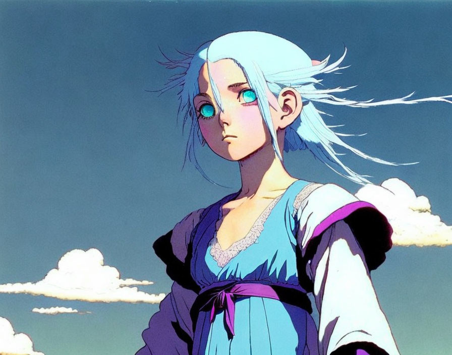 Anime character with light blue hair and green eyes in traditional clothing against cloudy blue sky