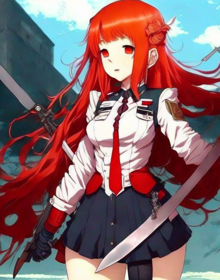 Red-Haired Anime Girl in White Military Uniform with Sword