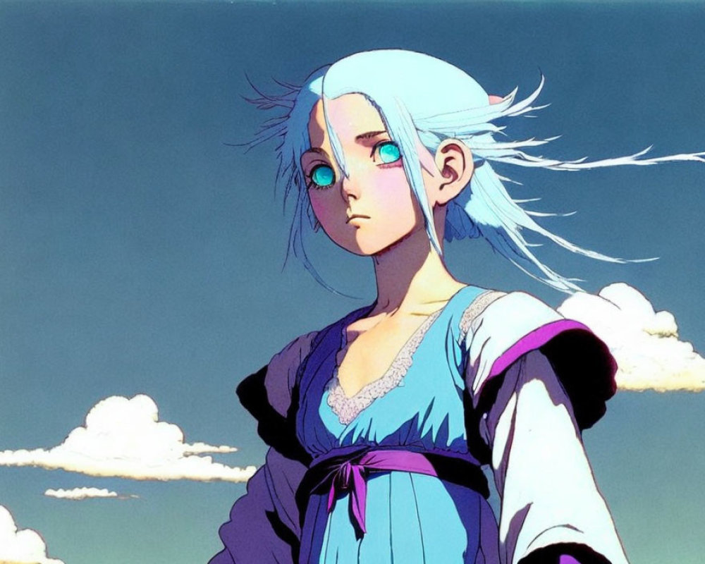 Anime character with light blue hair and green eyes in traditional clothing against cloudy blue sky