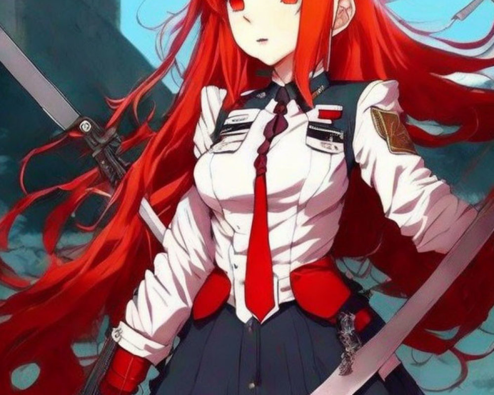 Red-Haired Anime Girl in White Military Uniform with Sword