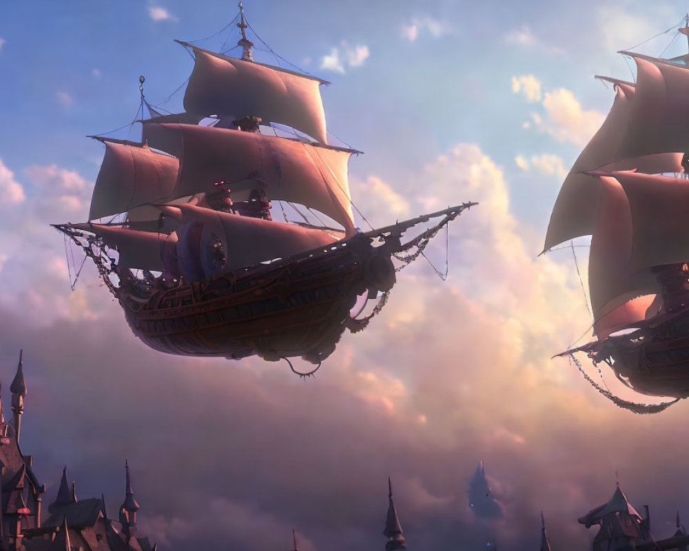 Animated fantasy scene: two flying ships in pastel sky with castle