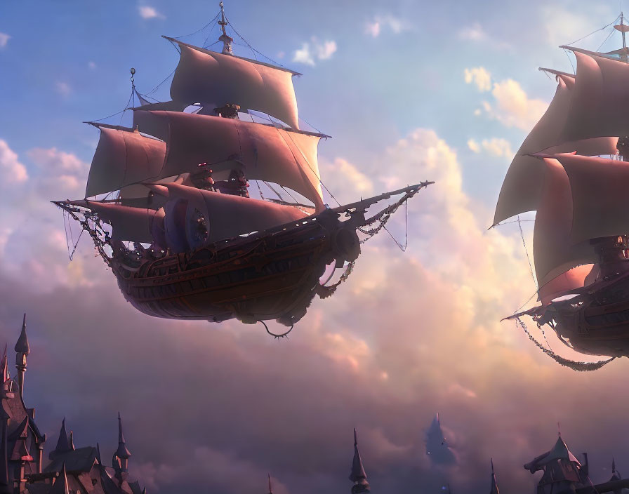 Animated fantasy scene: two flying ships in pastel sky with castle