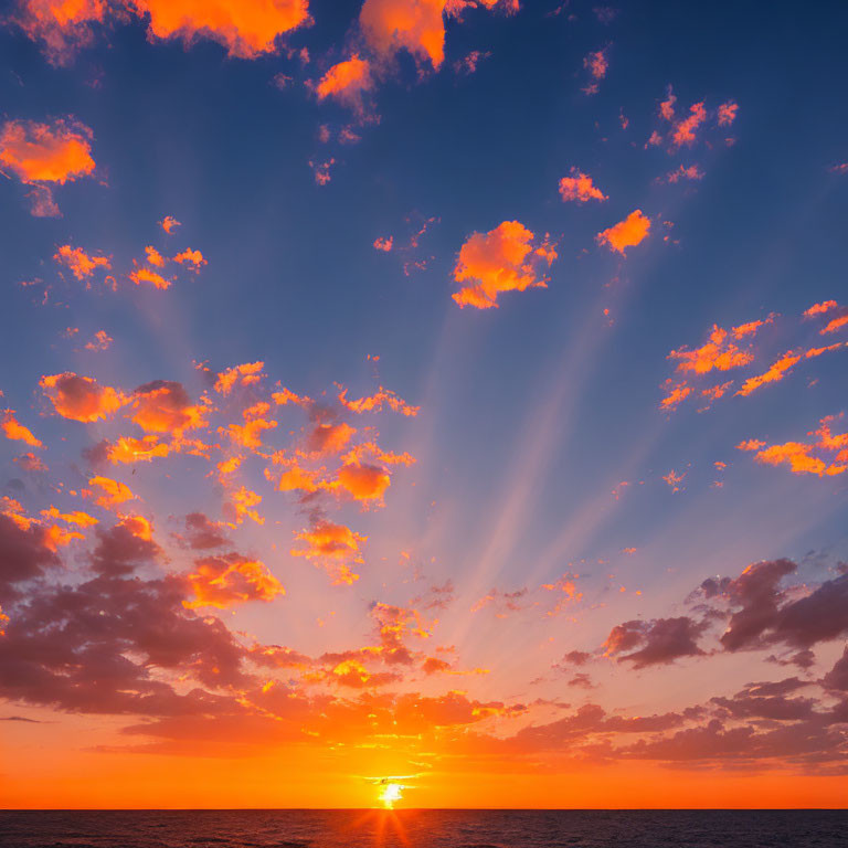 Colorful sunset with fiery clouds over blue sky and sun rays on ocean horizon