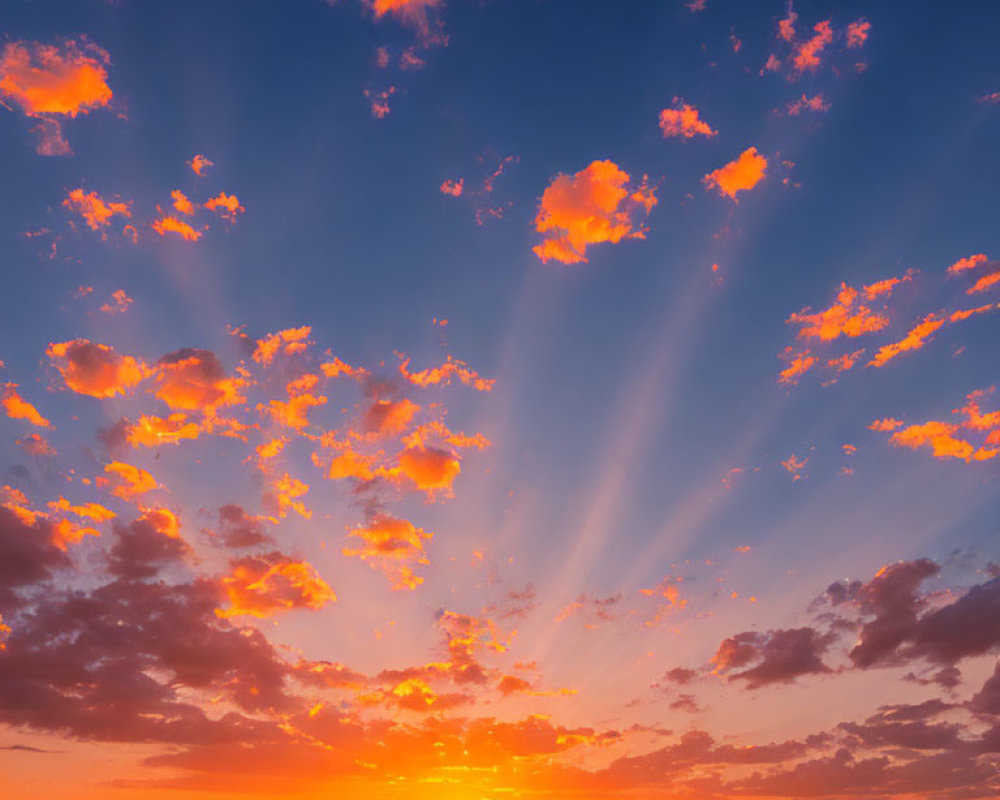 Colorful sunset with fiery clouds over blue sky and sun rays on ocean horizon