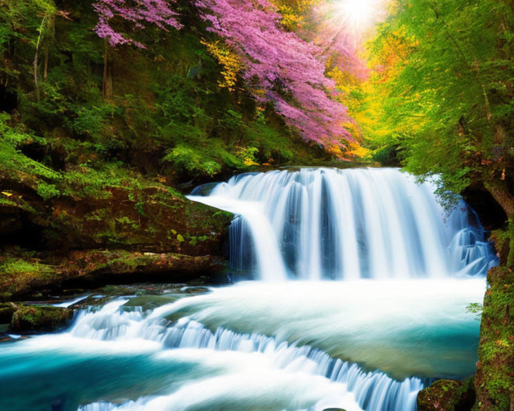 Tranquil waterfall in lush forest with sunlight filtering through pink foliage over blue river