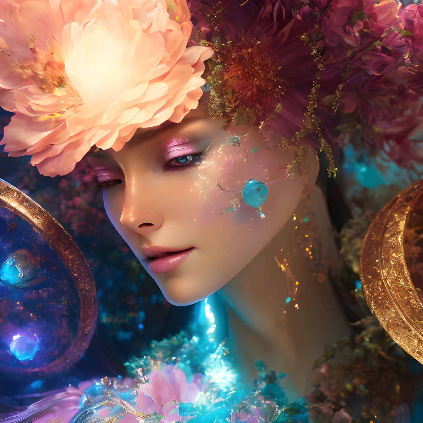 Vibrant flower-adorned woman with glowing makeup and intricate jewelry