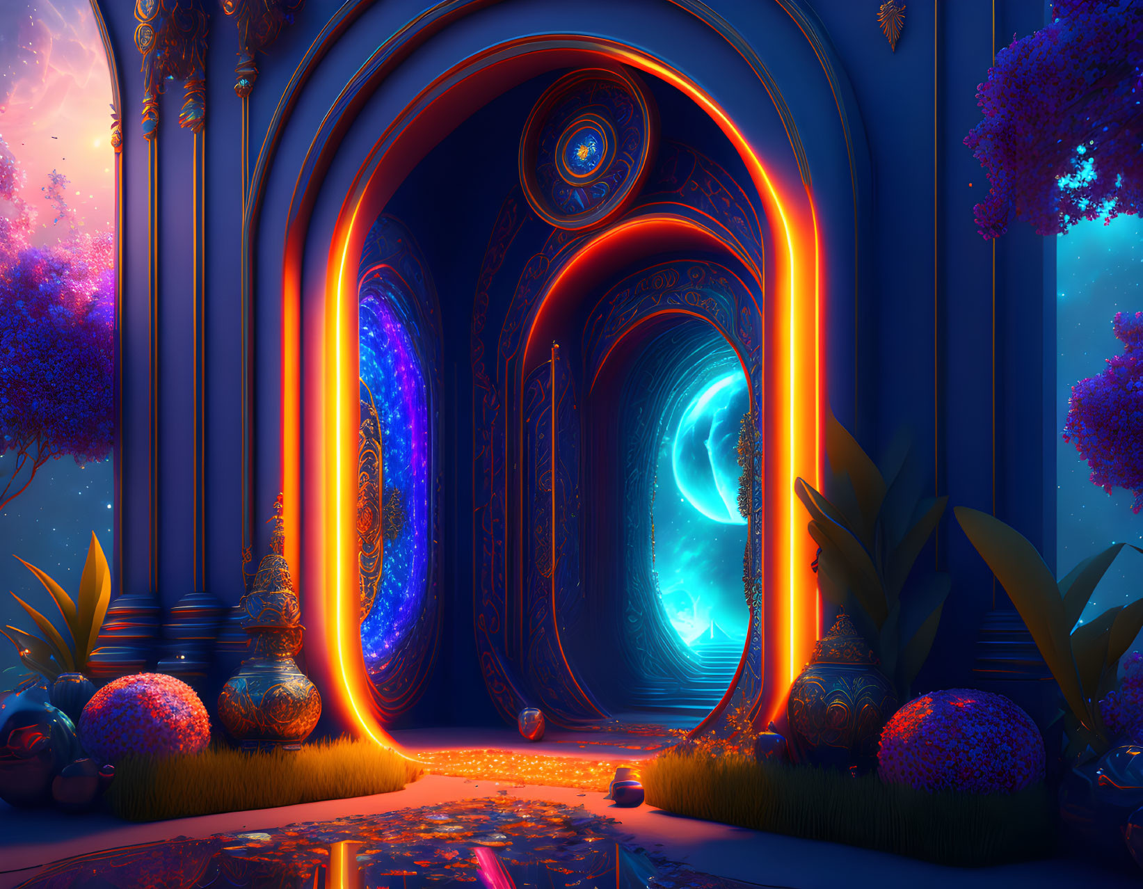 Colorful fantasy portal in mystical room with exotic plants and detailed architecture
