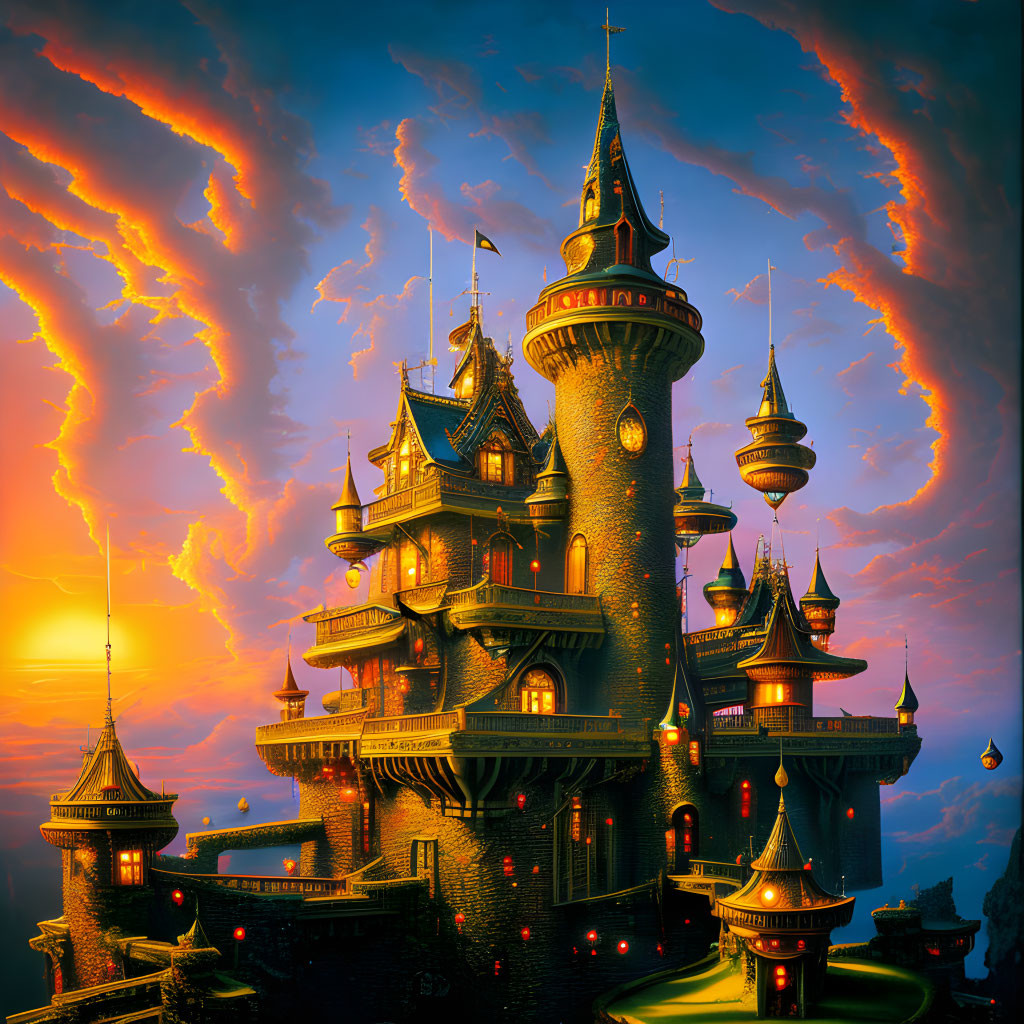 Majestic castle with multiple spires under orange twilight sky