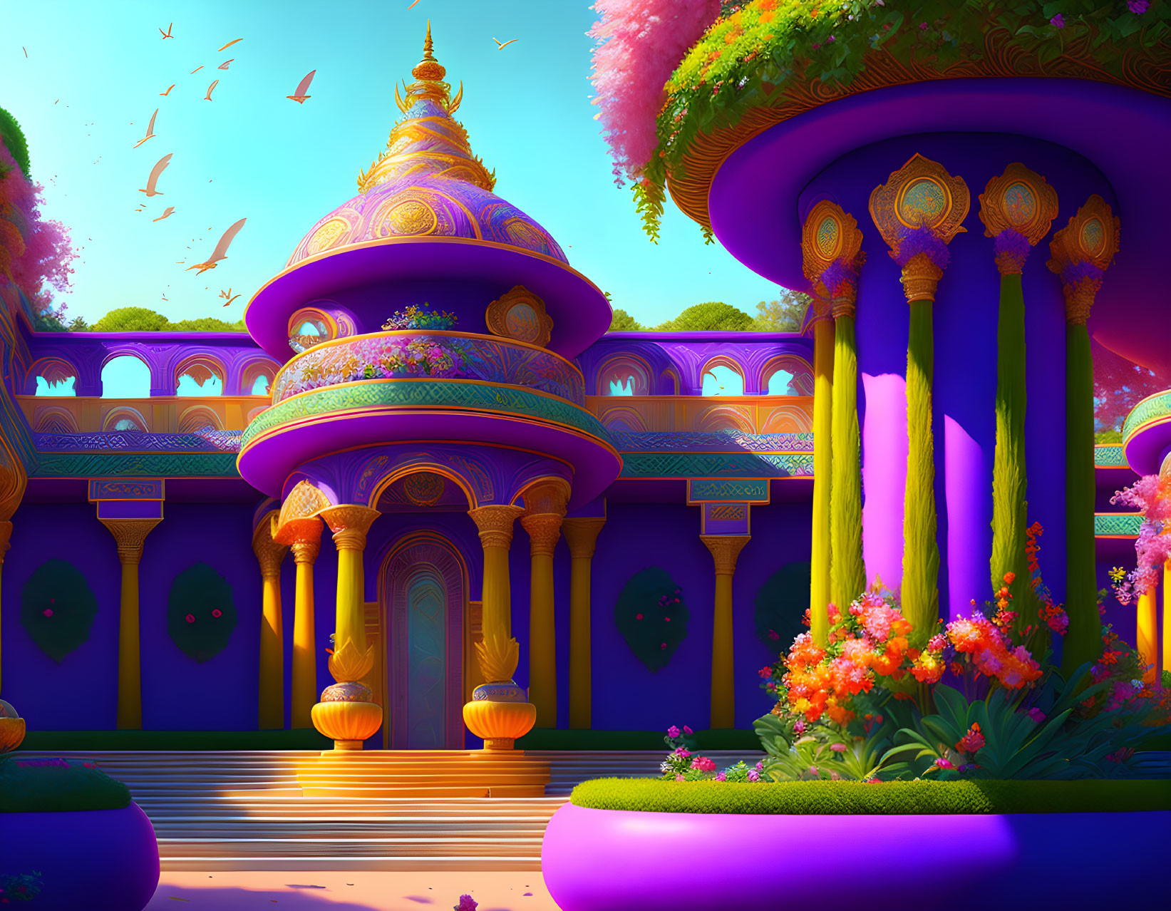 Fantasy palace with purple and gold domes in lush garden landscape