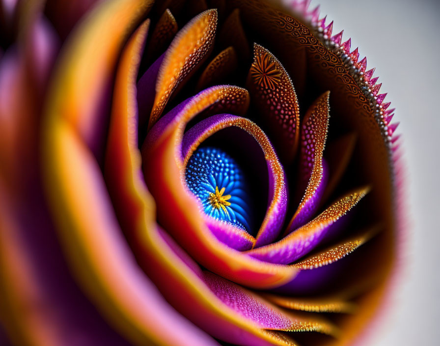 Colorful fractal flower close-up with orange, purple, and blue spiraling patterns