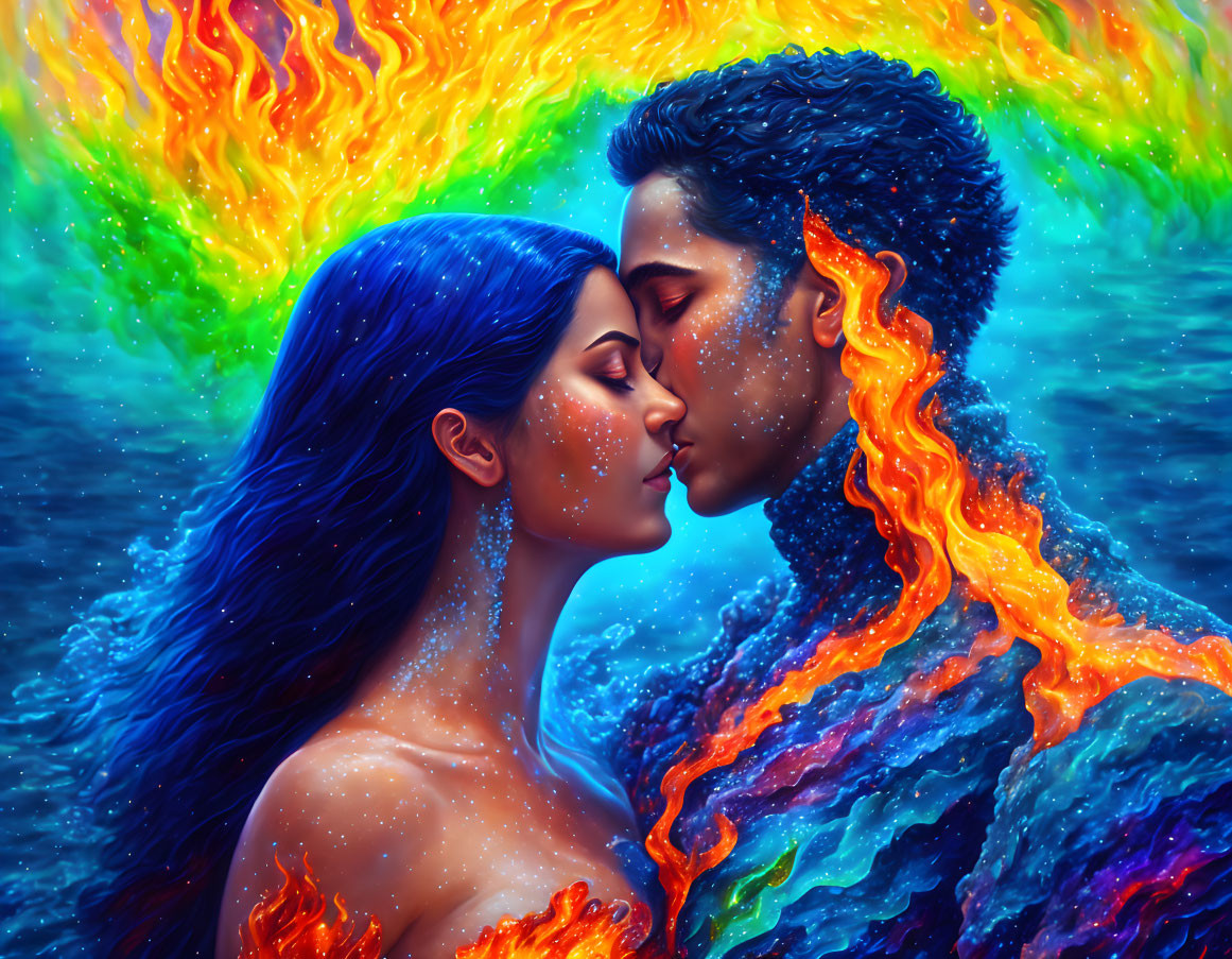 Colorful embrace of couple in fiery and aquatic tones