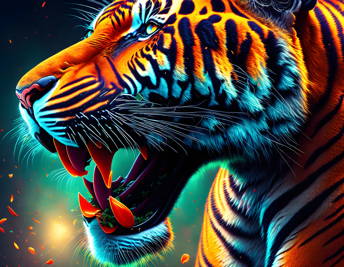 Vivid Roaring Tiger Artwork with Intense Orange, Black, and Blue Hues