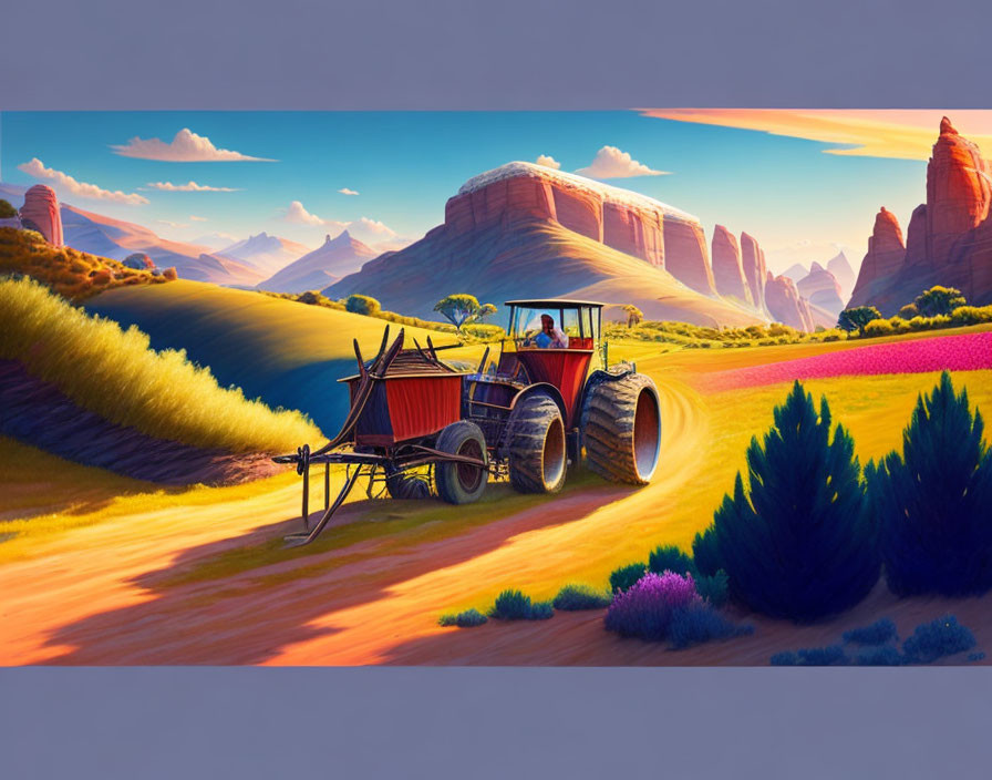 Illustration of red tractor harvesting golden crops against red rock formations at sunset