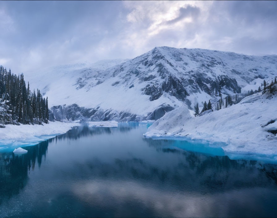 Tranquil glacial lake surrounded by snowy mountains and pine trees