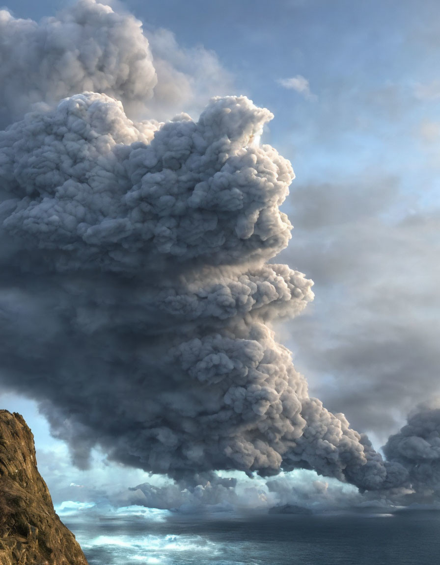 Volcanic eruption smoke over ocean and cliff under cloudy sky