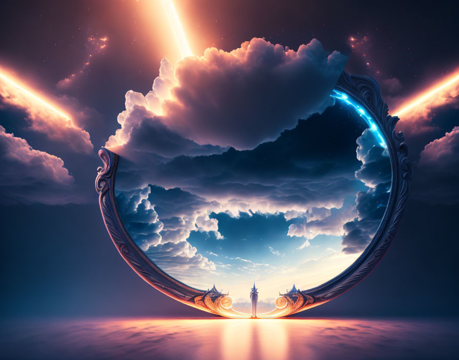 Gigantic ornate circular portal under twilight sky with celestial beams