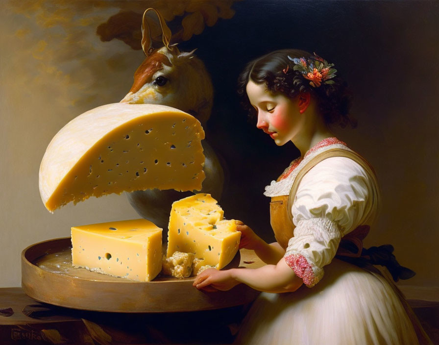 Surreal painting featuring woman, large cheese wheel, and rodent