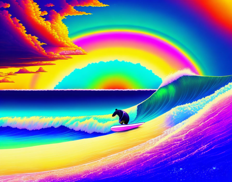 Colorful Surfer Riding Wave Under Rainbow with Stylized Background