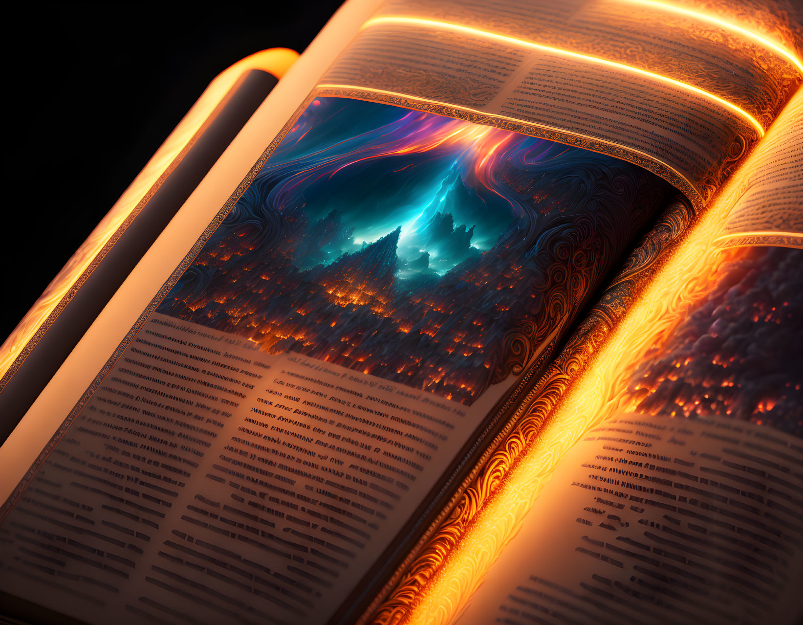 Open book glowing with magical illustrations of mystical landscape, mountain, auroras, stars