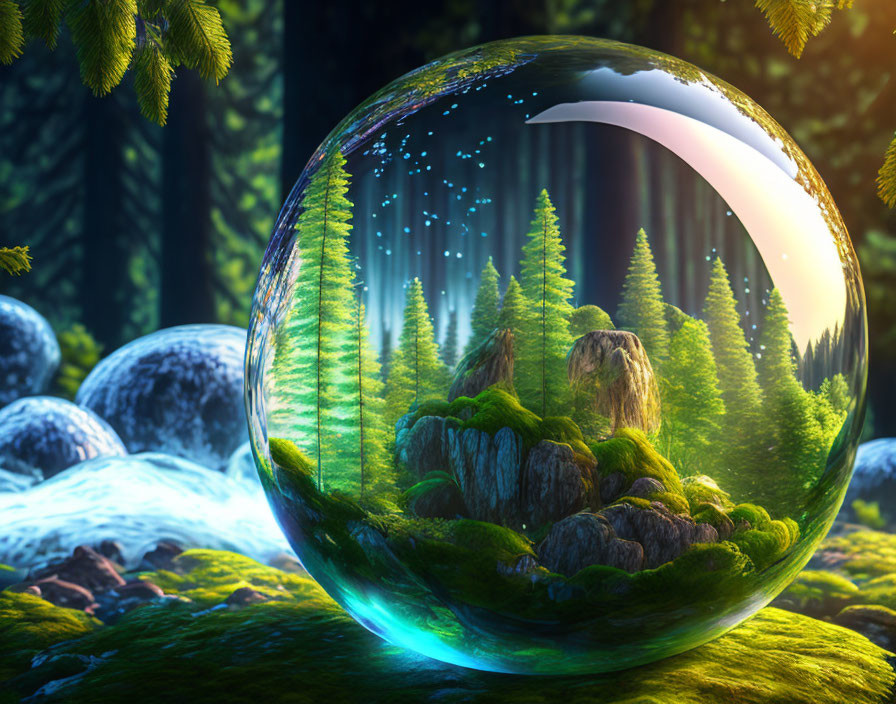 Luminous forest scene in transparent sphere with sunlight and towering trees