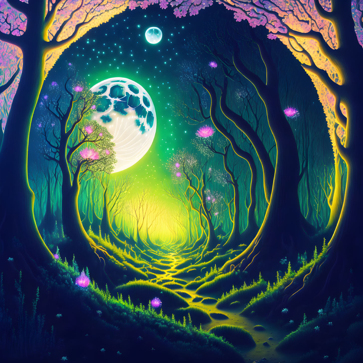 Enchanting mystical forest under large full moon