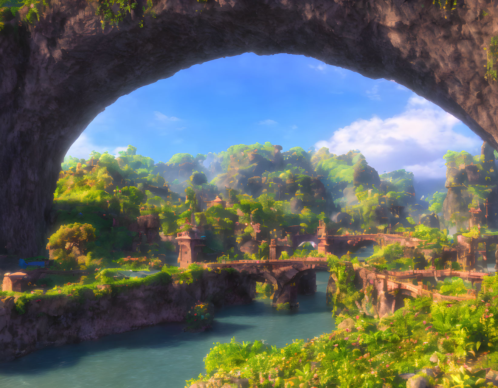 Tranquil fantasy landscape with stone bridge, ruins, lush greenery, and river.